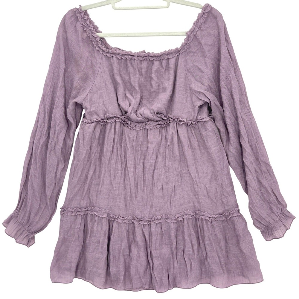 Rebellion Again Purple Babydoll Tunic Top L Ruffle Tiered Long Sleeve Boho